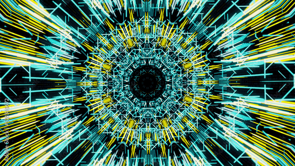Poster hypnotic abstract animation of holographic tunnel with neon geometric patterns moving slowly on the 