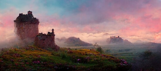 Fototapeta premium Explore imaginative Scottish castles and ruins in dreamy surrealism, scenic background mountain landscapes in cloudy emotive fog. Enchanted lands and fantasy colors - digital paint stylization series.
