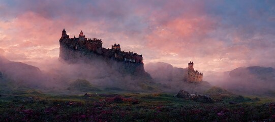 Verken fantasierijke Schotse kastelen en ruïnes in dromerig surrealisme, schilderachtige berglandschappen op de achtergrond in bewolkte emotionele mist. Betoverde landen en fantasiekleuren - digitale verfstileringsserie.