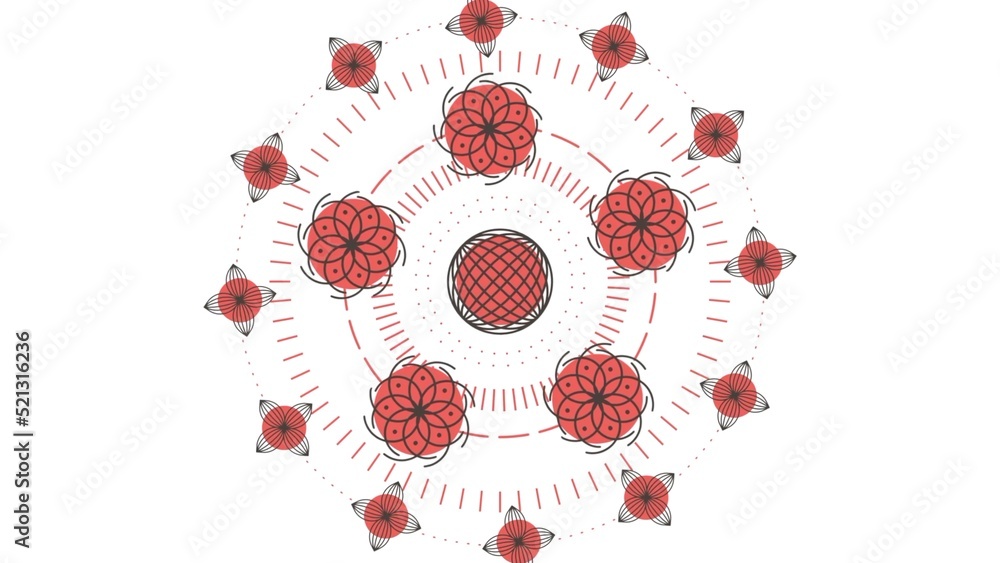 Poster abstract orange waving grid or mesh of pulsating geometric objects, flowers. abstract red waving gri