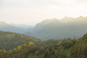High rainforest mountain at sunrise. scenic view background