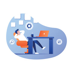 Relax worker sitting and dreaming at his office, flat vector design.