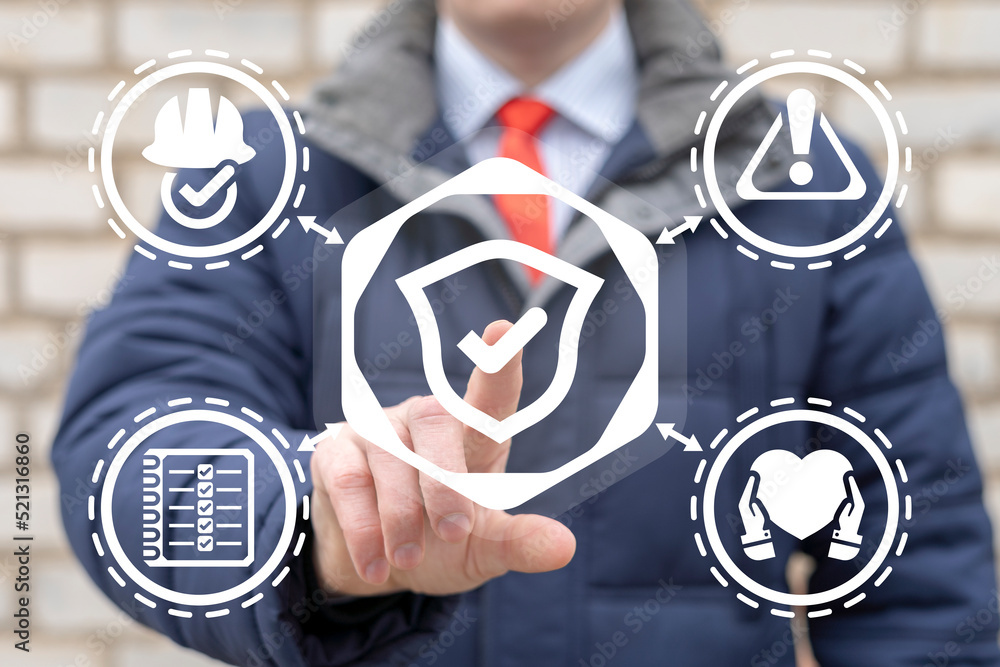 Poster man using virtual touchscreen presses a icon: shield with check mark. work safety standards concept.