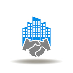 Vector illustration of handshake with skyscraper. Symbol of LLC Limited Liability Company. Icon of merger and acquisition.