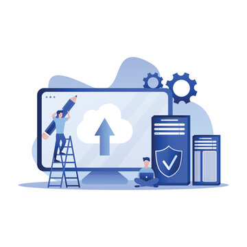 Internet data security concept, PC with server rack and lock, protection and encryption data transfer, cloud data storage icon, database query, pc antivirus flat vector illustration blue.
