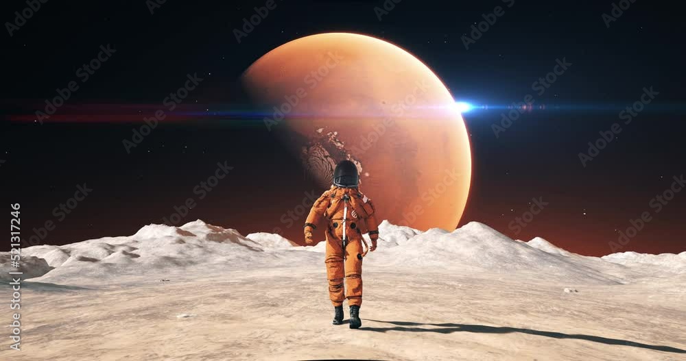Wall mural male astronaut in space suit confidently walking on an alien planet. red planet mars is visible in s