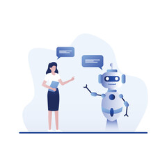 woman developing chat bot. AI simulating conversation with human users over internet vector illustration. Online talking with Robot. Virtual mobile application assistance flat style concept.