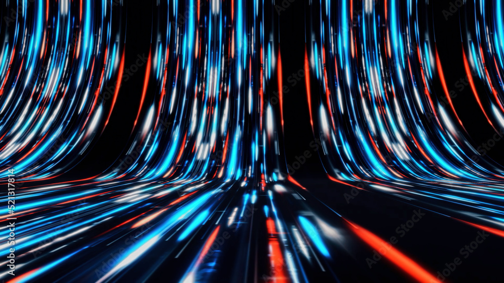 Poster neon streams move along curved trajectory on black background. animation. bright tracks with moving 