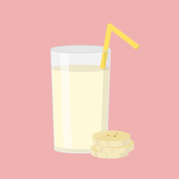 Banana milkshake in a glass with a straw flat illustration