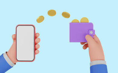 Money transfers. People sent money from wallet to bank card, mobile payments and financial transactions. Work transfer credit card process payment. 3D illustration