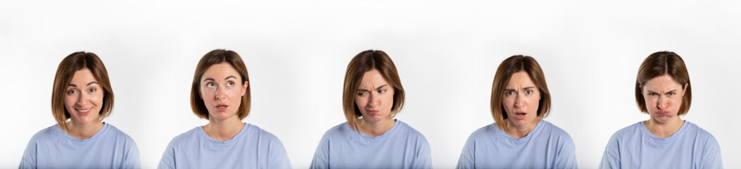 Collage of snapshots of young attractive woman with different emotions isolated on white background
