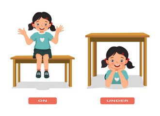 Preposition of place illustration little girl sitting on and under the table English vocabulary words flashcard set for education
