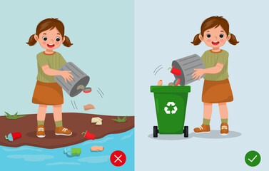 do not littering illustration girl right and wrong behavior throwing trash in rubbish bin and on the river