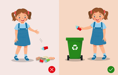 do not littering illustration girl right and wrong behavior throwing trash in rubbish bin and on the ground  - obrazy, fototapety, plakaty