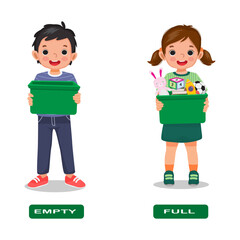 Opposite adjective antonym empty and full illustration of kids holding boxes explanation flashcard with text label