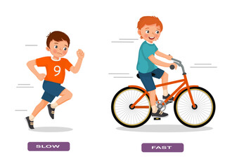 Opposite adjective antonym words slow and fast illustration of little boy running and riding bicycle explanation flashcard with text label