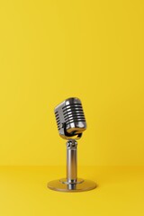 3D illustration, Retro Microphone on yellow background, Podcast Concept. - obrazy, fototapety, plakaty