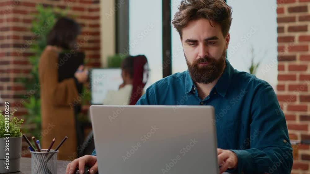 Poster business man working on successful presentation report with charts and graphs information on documen