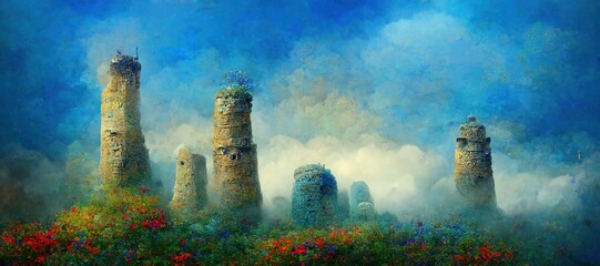 Ancient towering stone monolith pillars, shrouded in mysterious cloudy fog and from unknown origin. Surreal dreamscape that is intriguing to behold.  