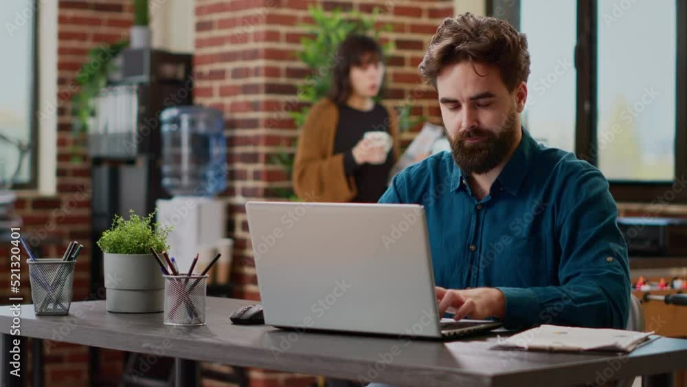 Aufkleber portrait of business man working on laptop with charts and graphs, using online research data and in