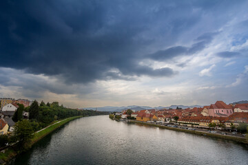 Panorama of the river Drava reka over the city center of Maribor slovenia, with the banks of the...