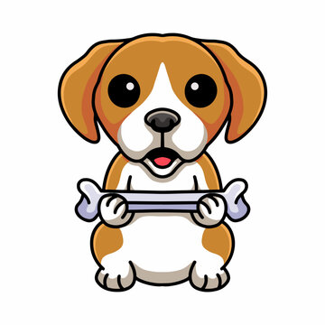 Cute little beagle dog cartoon holding a bone