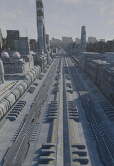 Future City - Aerial View Along a Quiet Highway , 3d digitally rendered science fiction illustration