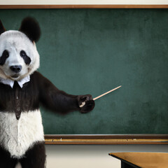 Cute panda teacher wearing a suit is pointing at a blackboard, professor panda instructor in a classroom giving a lesson class presentation © Rick