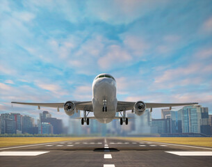 Commercial airplane Takeoff on airport runway with city in the background, 3D illustration.