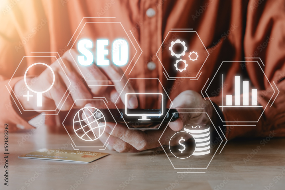 Poster seo concept, search engine optimization, man hand using smart phone with vr screen seo icon, concept