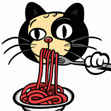 drawing of cartoon cat eating spaghetti