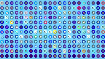 Multicolored dots with changing colors of rings. Motion. Background of many shimmering multicolored dots with rings. Dots flickering with different colors