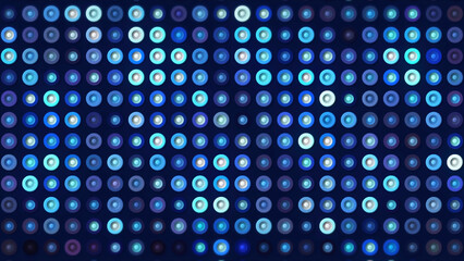 Bright dots flashing with different colors. Motion. Changing colors and gradients of dots create blinking effect. Dots with rings blink in different colors
