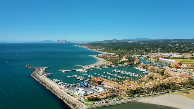 Aerial view of the coastline with the harbour in Sotogrande, Cadiz, Spain.
