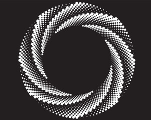 abstract black halftone dots.white halftone dots in vortex form. Geometric art. Trendy design element.Circular and radial lines volute, helix.Segmented circle with rotation 