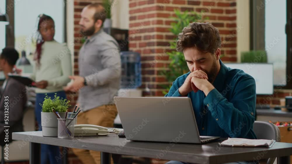 Poster tired overworked employee working in tension to plan project before deadline and create business pre