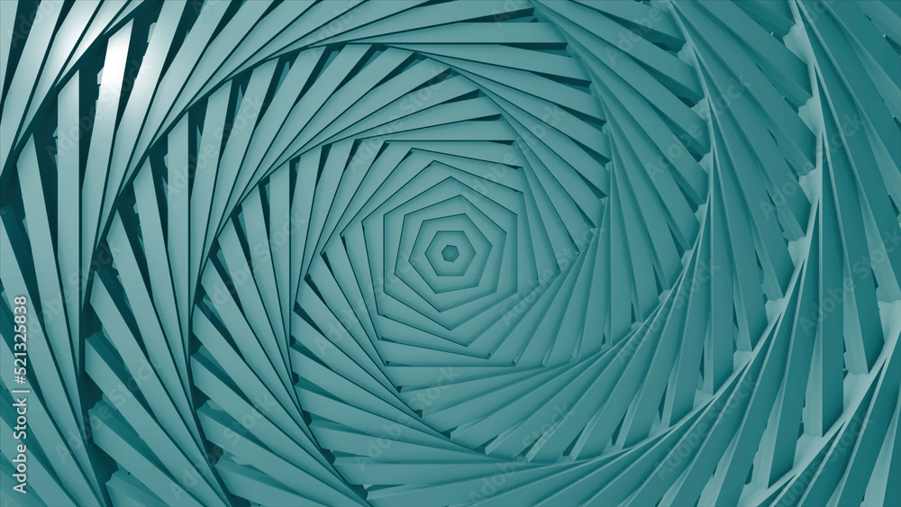 Poster Hypnotic turning colorful spiral, seamless loop. Design. Spinning hexagonal objects creating effect of 3D layers made of plastic material.