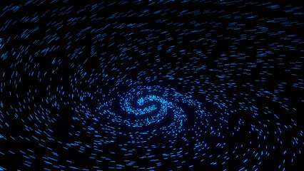 Abstract colorful particles creating transforming galaxy in outer space. Design. Tiny dots flying in a spiral isolated on a black background.