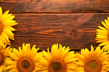 Sunflower flowers on a wooden background.