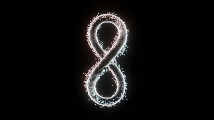 Colored infinity sign spinning isolated on black background, seamless loop. Design. A symbol of the endlessness spinning with the energy flow of tiny particles. - obrazy, fototapety, plakaty