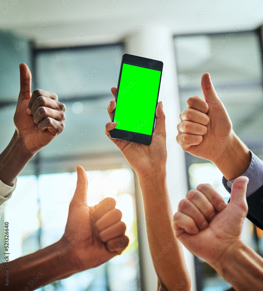 Poster green screen, copy space and chroma key on phone and thumbs up hand sign, gesture and symbol for web