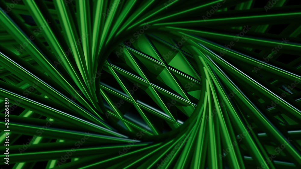 Poster 3D pattern in rotating spiral. Motion. 3D metal pattern with diamonds in circle of lines. Lines rotate creating pattern with geometric patterns