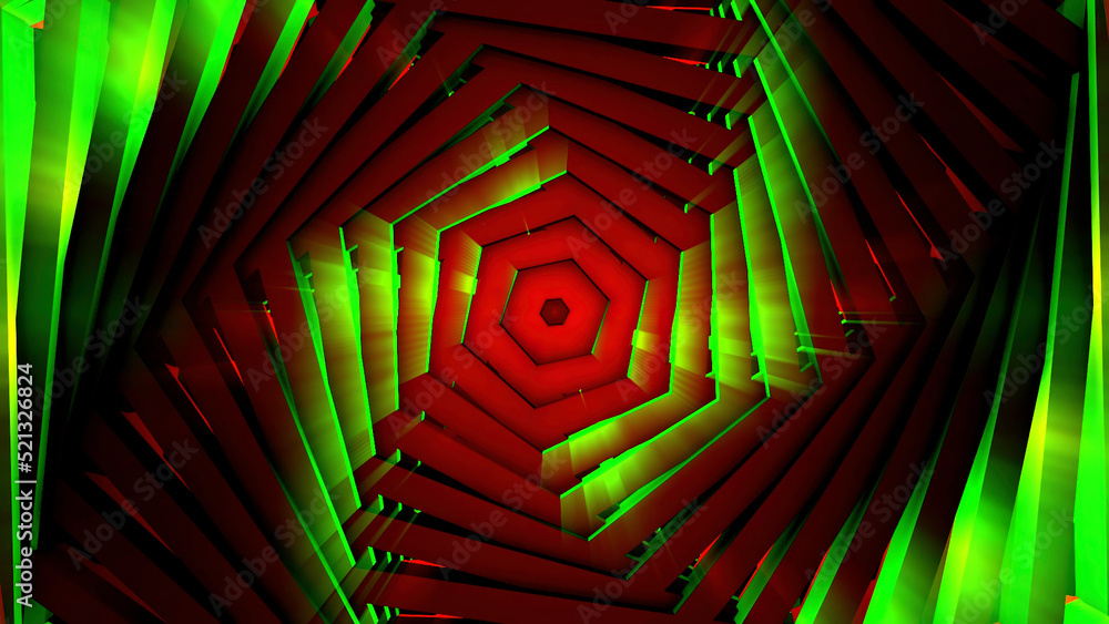 Poster flight in tunnel of spinning spiral shaped figures with changing colors, seamless loop. motion. abst