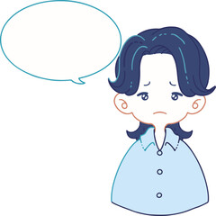 悲しい顔で何かをしゃべるシャツ姿の男の子のイラスト（吹き出し付き）
