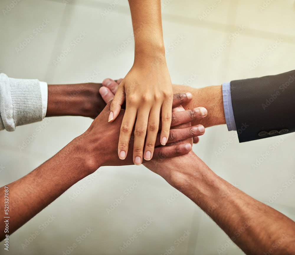 Poster hands of business people stacked together in group for unity, teamwork and motivation. team of offic