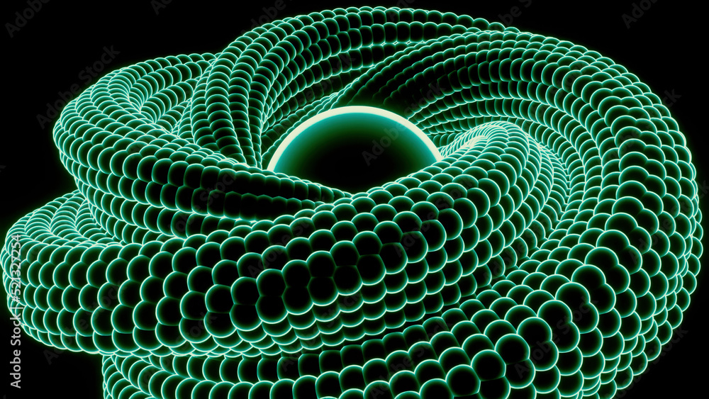 Aufkleber animation of spheres assembled in a spiral shape twisting on a black background. design. colorful fi