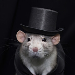 Rat in a top hat, smart business rat in a top hat studio portrait