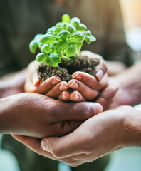 Closeup of green, natural and eco friendly group of hands holding planting soil together, for gardening or farming. Nature environment team with fresh earth and growth of small plant.