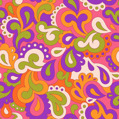 Retro seamless pattern. Swirls and paisley elements in boho design. Hippie psychedelic vector background. Colorful abstract vintage vector print. Summer groovy textile design