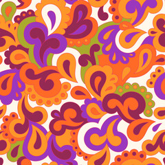 Retro seamless pattern. Swirls and paisley elements in boho design. Hippie psychedelic vector background. Colorful abstract vintage vector print. Summer groovy textile design
